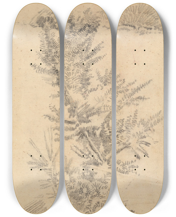 Triptych art skateboard deck of George Richmond Study Of Trees Etc In A Meadow by George Richmond (1809-1896)