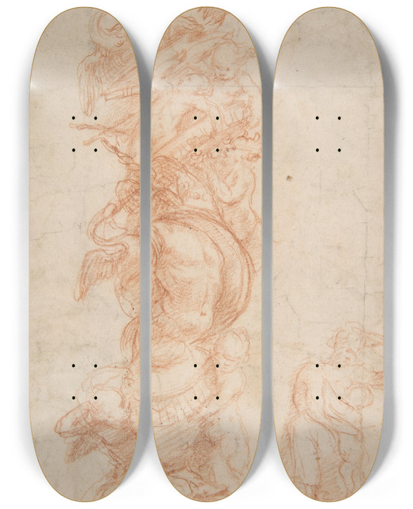 Triptych art skateboard deck of Giovanni Antonio Da Pordenone Design For The Decoration Of A Pilaster by Giovanni Antonio Da Pordenone (1483-1539)