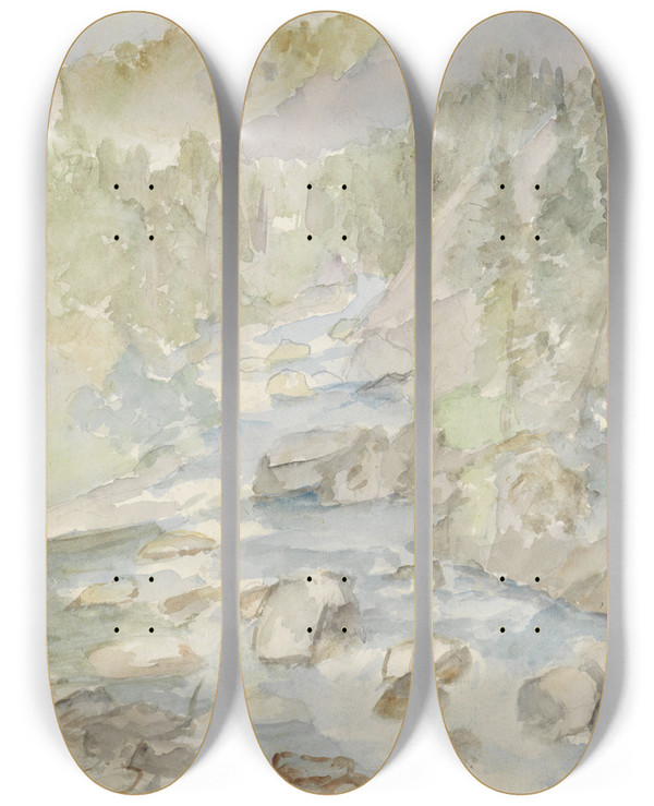 Triptych art skateboard deck of Jozef Israls Berglandschap Met Beek by Jozef Israels (1824-1911)