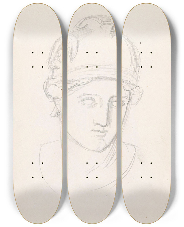 Triptych art skateboard deck of Adolph Tidemand Study Of Sculpture Head_1 by Adolph Tidemand (1814-1876)