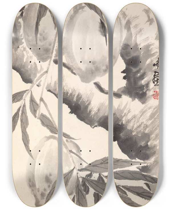 Triptych art skateboard deck of Min Zhen Peaches by Min Zhen (1730-1788)