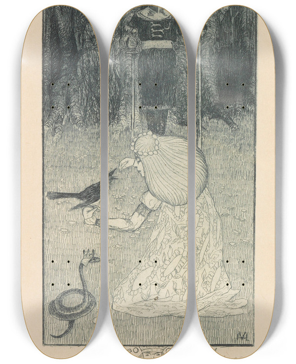 Triptych art skateboard deck of Heinrich Vogeler Die Schlangenbraut by Heinrich Vogeler (1872-1942)
