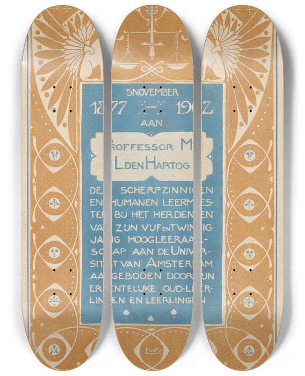 Triptych art skateboard deck of Reinier Willem Petrus De Vries Opdrachtblad Voor Een Album Voor Prof Mr L Den Hartog by Reinier Willem Petrus De Vries (1874-1952)