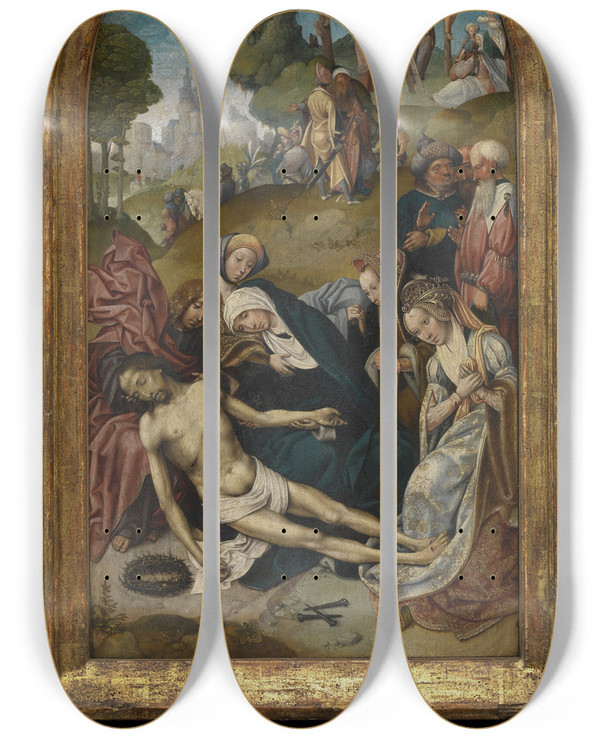 Triptych art skateboard deck of Cornelis Engebrechtsz The Lamentation Of Christ by Cornelis Engebrechtsz (1461-1527)
