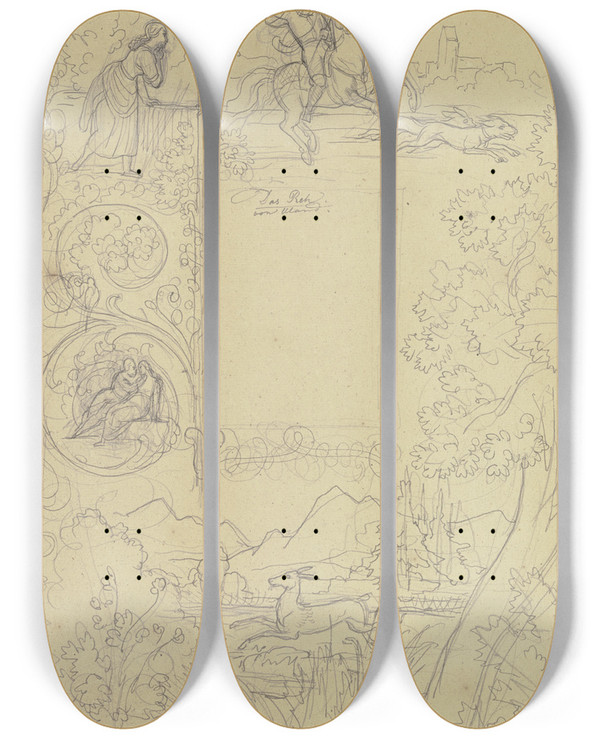 Triptych art skateboard deck of Eugen Napoleon Neureuther Das Reh Von Uhland by Eugen Napoleon Neureuther (1806-1862)