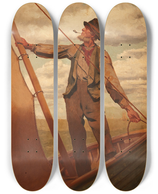 Triptych art skateboard deck of John George Brown Hoisting The Sail by John George Brown (1831-1913)
