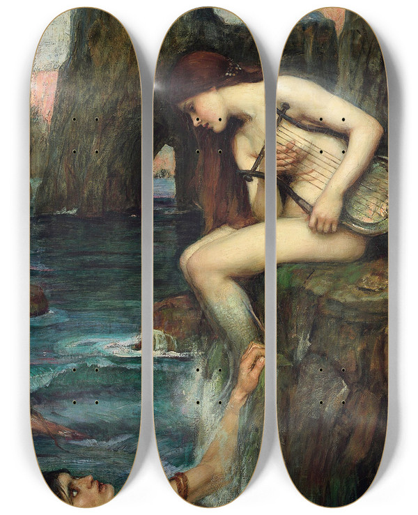 Triptych art skateboard deck of John William Waterhouse The Siren by John William Waterhouse (1849-1917)