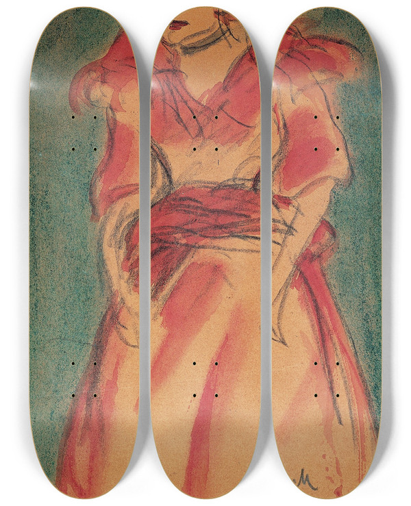 Triptych art skateboard deck of Isidre Nonell Cabaret Singer by Isidre Nonell (1872-1911)