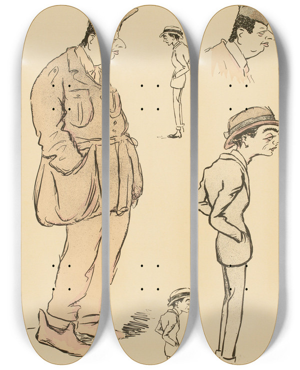 Triptych art skateboard deck of Georges Goursat Sem Cinq Tudes De Deux Personnages Dont Maurice De Rotschild En Militaire by Georges Goursat (Sem) (1863-1934)