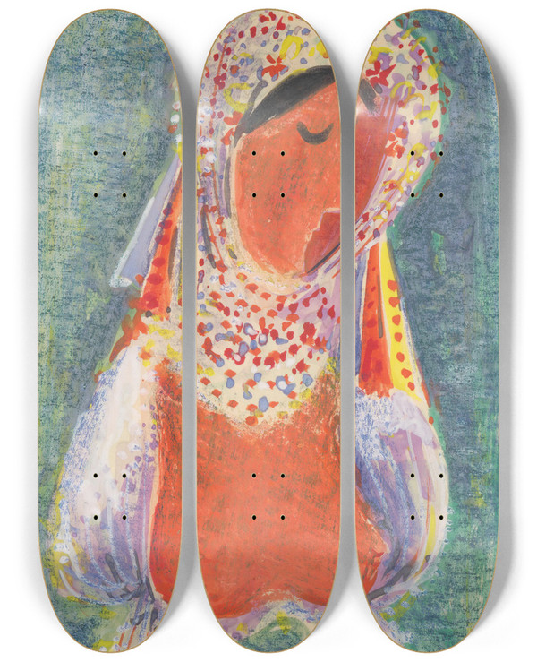 Triptych art skateboard deck of Mikul Galanda Wearing A Folk Costume by Mikulas Galanda (1895-1938)