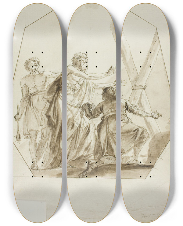 Triptych art skateboard deck of Domenico Pozzi Crucifixion Of Saint Andrew by Domenico Pozzi (1745-1796)