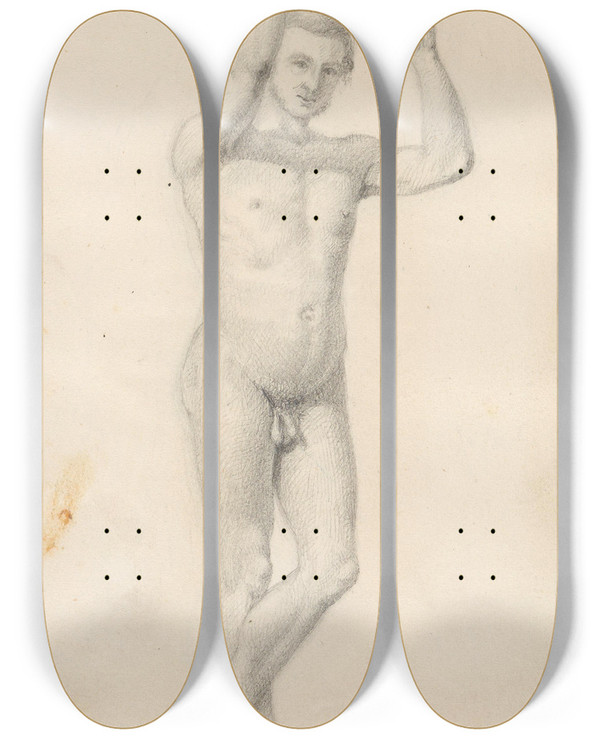 Triptych art skateboard deck of Adolph Tidemand Stende Mannsakt_2 by Adolph Tidemand (1814-1876)