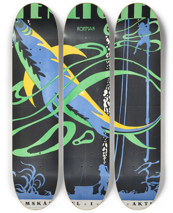 Triptych art skateboard deck of Eric Rohman The Submarine Eye by Eric Rohman (1891-1949)
