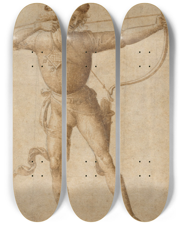 Triptych art skateboard deck of Follower Of Pietro Perugino Archer Drawing A Bow by Follower Of Pietro Perugino (1446-1523)
