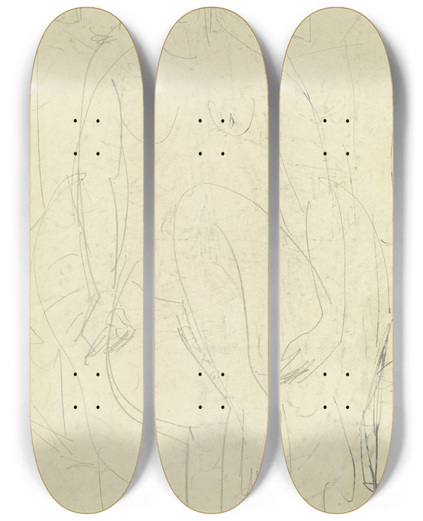 Triptych art skateboard deck of Ernst Ludwig Kirchner Sitting Female Nude_1 by Ernst Ludwig Kirchner (1880-1938)