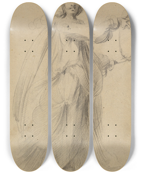 Triptych art skateboard deck of Jacques Bellange Dancer With A Tambourine by Jacques Bellange (1575-1616)