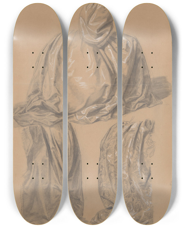 Triptych art skateboard deck of Jzef Simmler Three Studies Of Dress Drapery For The Painting The Upbringing Of Sigismund Augustus by Jozef Simmler (1823-1868)