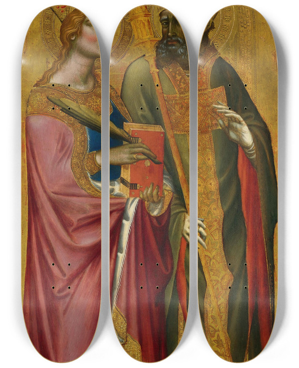 Triptych art skateboard deck of Angelo Puccinelli Saint Catherine And A Bishop Saint by Angelo Puccinelli (1380-1407)
