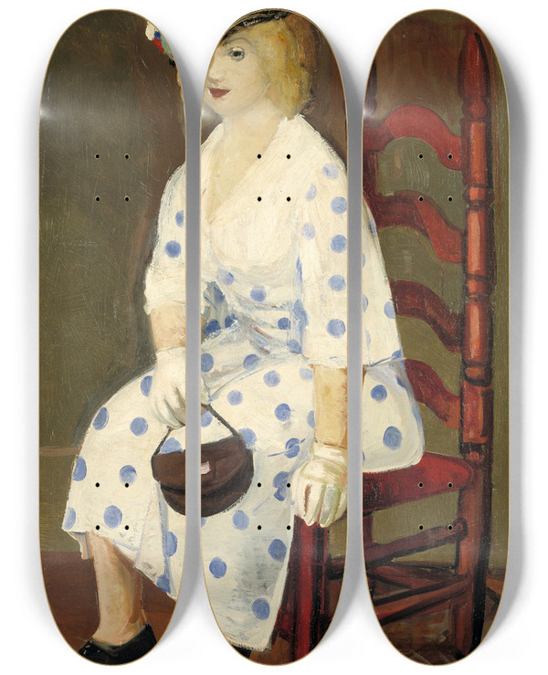 Triptych art skateboard deck of George Luks The Polka Dot Dress by George Luks (1866-1933)