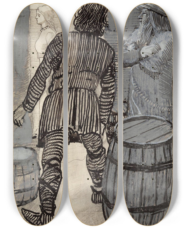 Triptych art skateboard deck of Christian Krohg Einar Spurte Orm Hvem Den Fagre Kvinnen Var by Christian Krohg (1852-1925)