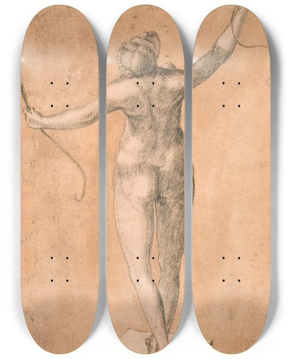 Triptych art skateboard deck of Melchior Lorck Studie Af En Ngen Kvinde Set Bagfra by Melchior Lorck (1526-1583)