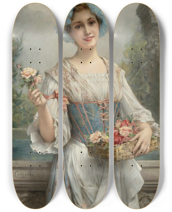 Triptych art skateboard deck of Lon Franois Comerre The Flower Seller by Leon Francois Comerre (1850-1916)
