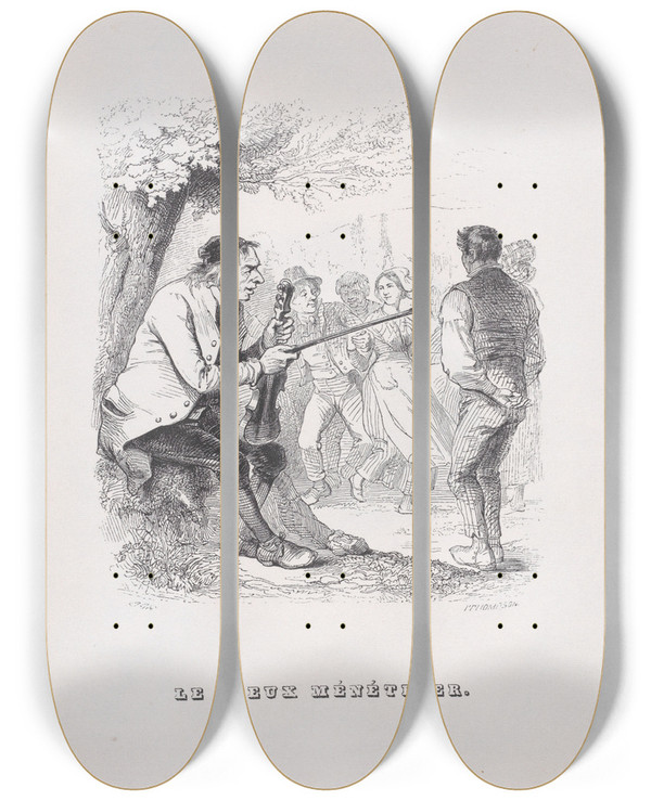 Triptych art skateboard deck of J J Grandville The Old Minstrel by J J Grandville (1803-1847)