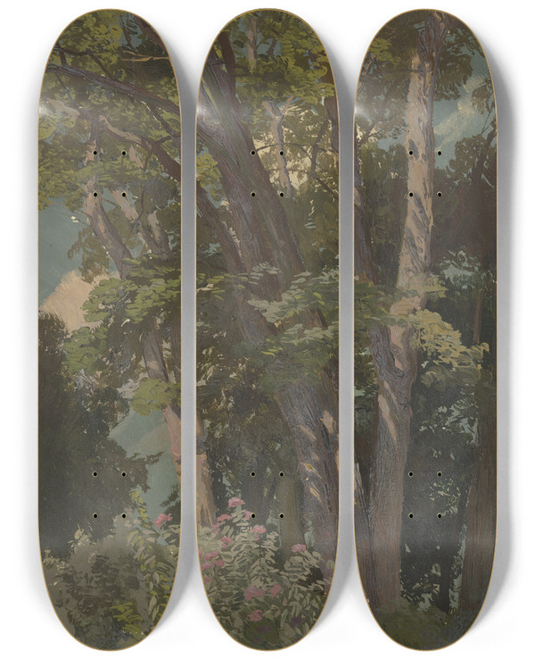 Triptych art skateboard deck of Jakob Becker Park Study Glade by Jakob Becker (1810-1872)