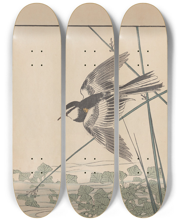 Triptych art skateboard deck of Imao Keinen Keinen Kach Gafu Pl105 by Imao Keinen (1845-1924)