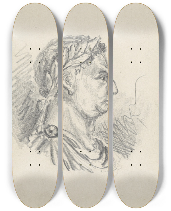 Triptych art skateboard deck of Stanisaw Wyspiaski Mans Head In A Laurel Wreath by Stanislaw Wyspianski (1869-1907)