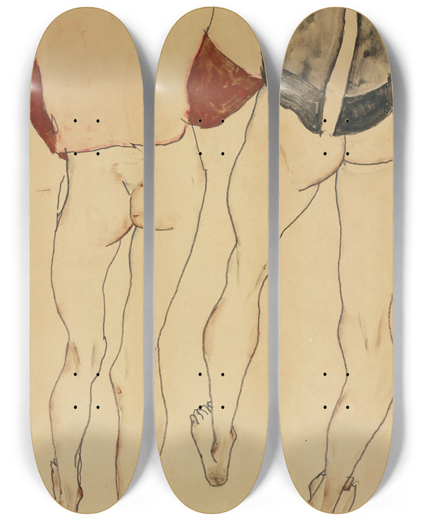 Triptych art skateboard deck of Egon Schiele Zwei Stehende Weibliche Halbakte Two Standing Seminude Females by Egon Schiele (1890-1918)