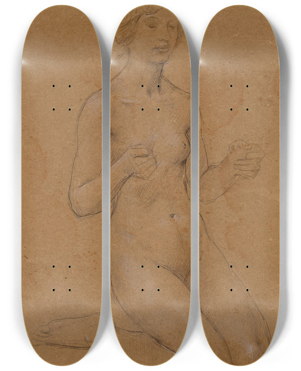 Triptych art skateboard deck of Lucolivier Merson Femme Nue Agenouille by Luc-Olivier Merson (1846-1920)