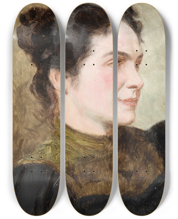 Triptych art skateboard deck of Kazimierz Pochwalski Portrait Of A Smiling Lady by Kazimierz Pochwalski (1855-1940)