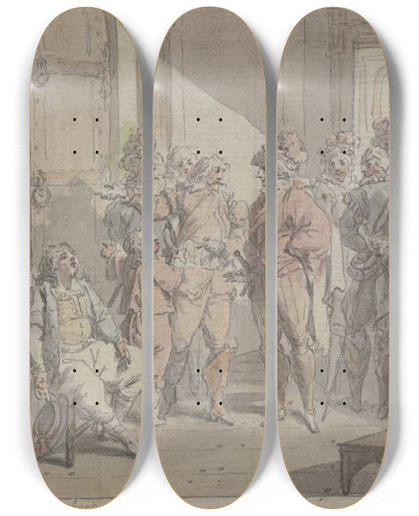Triptych art skateboard deck of Christian Sambach Ein Frst Mit Seinem Gefolge An Einer Verschlossenen Tr Neben Der Ein Erschpfter Mann Sitzt by Christian Sambach