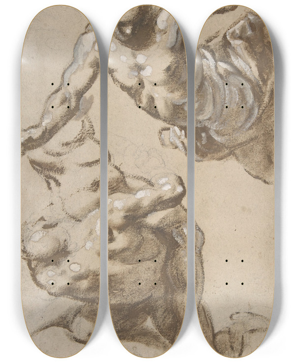 Triptych art skateboard deck of Jacopo Palma Il Giovane Studies For Four Figures by Jacopo Palma Il Giovane (1548-1628)