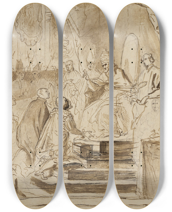 Triptych art skateboard deck of Agostino Masucci The Canonization Of Saint Ignatius Of Loyola by Agostino Masucci (1692-1768)