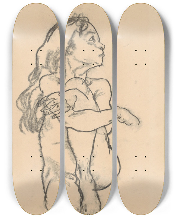 Triptych art skateboard deck of Egon Schiele Seated Nude Girl Clasping Her Left Knee by Egon Schiele (1890-1918)