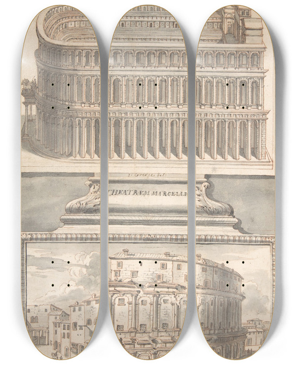 Triptych art skateboard deck of Jan Goeree Reconstruction Of The Theatre Of Marcellus Above And A View Of The Ruins Below by Jan Goeree (1670-1731)