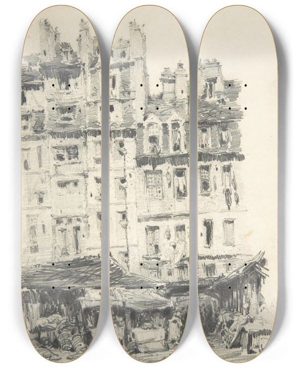 Triptych art skateboard deck of Charles Bargue Houses by Charles Bargue (1826-1883)