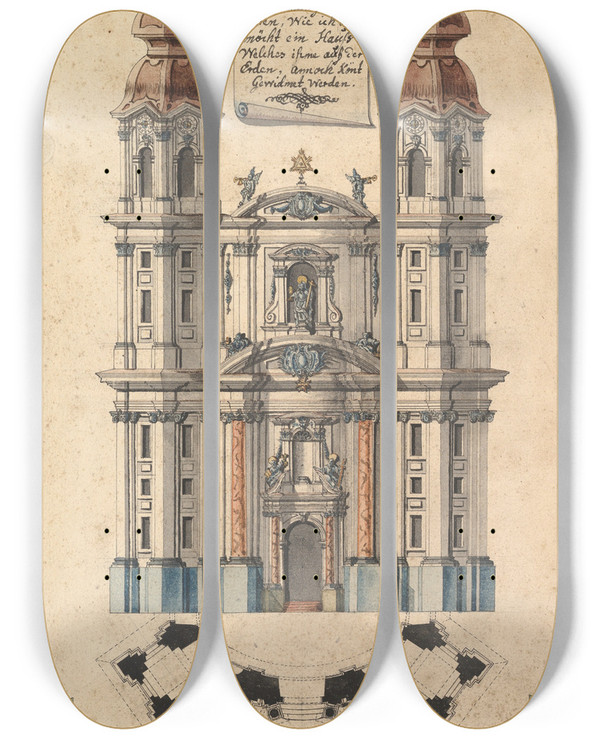 Triptych art skateboard deck of Joseph Kirnberger Baroque Church Faade With Obliquely Placed Towers by Joseph Kirnberger (1740-1790)