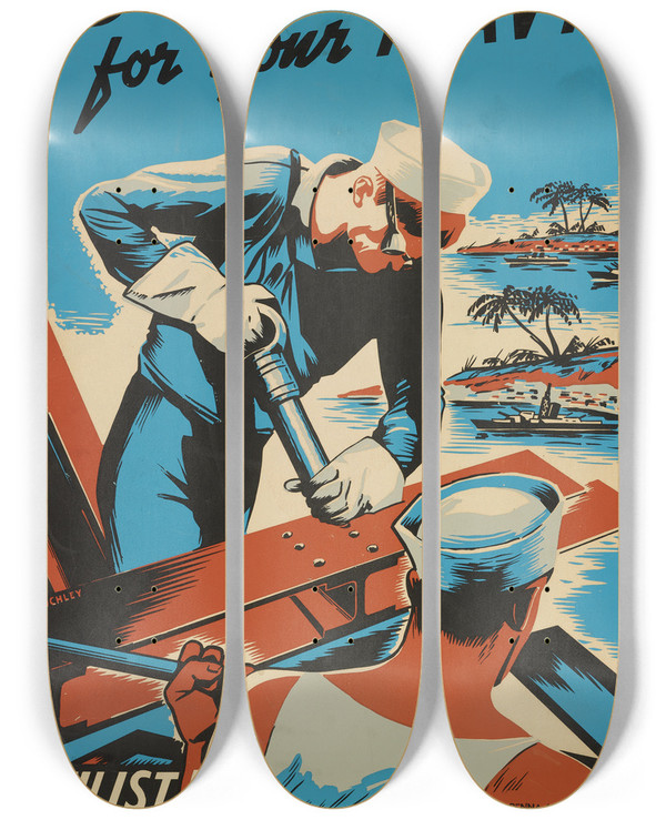 Triptych art skateboard deck of Robert Muchley Build For Your Navy Enlist by Robert Muchley (1920)