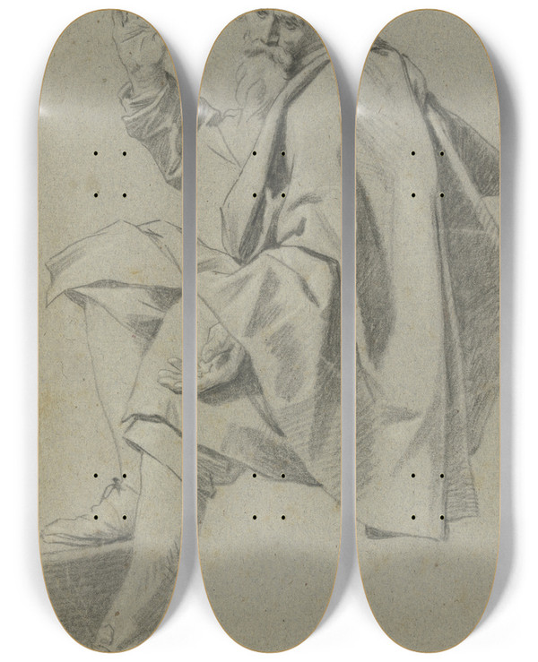Triptych art skateboard deck of Gabriel Metsu Brtiger Mann Sitzend Nach Links Die Rechte Mit Angewinkeltem Mittelfinger Erhoben by Gabriel Metsu (1629-1667)