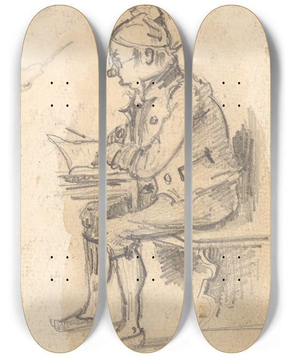 Triptych art skateboard deck of Paul Franz Otto Sitzender Lesender Mann Von Der Seite by Paul Franz Otto (1839-1927)