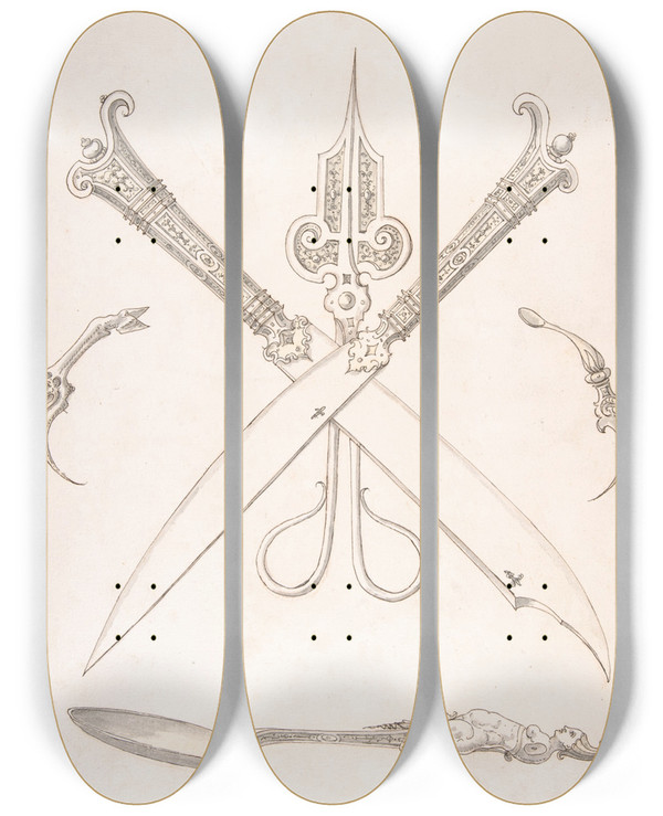 Triptych art skateboard deck of Erasmus Hornick Design For Spoon Fork Two Knives Crossed Over Scissors Scissors Ear Spoon And Toothpick by Erasmus Hornick (1520-1583)
