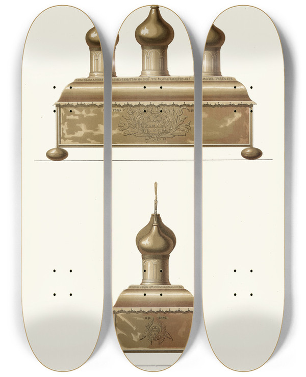 Triptych art skateboard deck of Fedor Grigoryevich Solntsev Serebrianaia Darokhranitelnitsa Pozhertvovannaia Imperatorom Petrom Velikim V Moskovskii Arkhangelskii Sobor by Fedor Grigoryevich Solntsev (1801-1892)