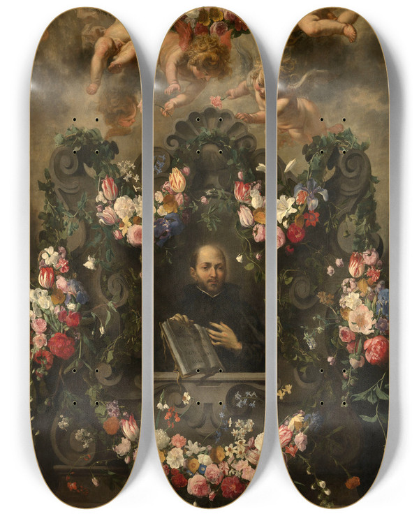 Triptych art skateboard deck of Jan Van Balen Saint Ignatius Surrounded By A Garland Of Flowers by Jan Van Balen (1611-1654)