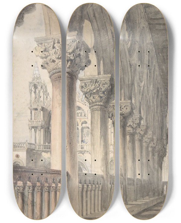 Triptych art skateboard deck of John Ruskin Loggia Of The Ducal Palace Venice by John Ruskin (1819-1900)