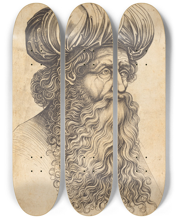 Triptych art skateboard deck of Israhel Van Meckenem Head Of An Aged Man by Israhel Van Meckenem (1440-1503)