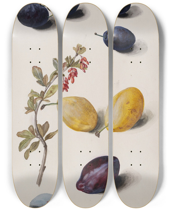 Triptych art skateboard deck of Leopold Zinngger Fruits by Leopold Zinnogger (1811-1872)