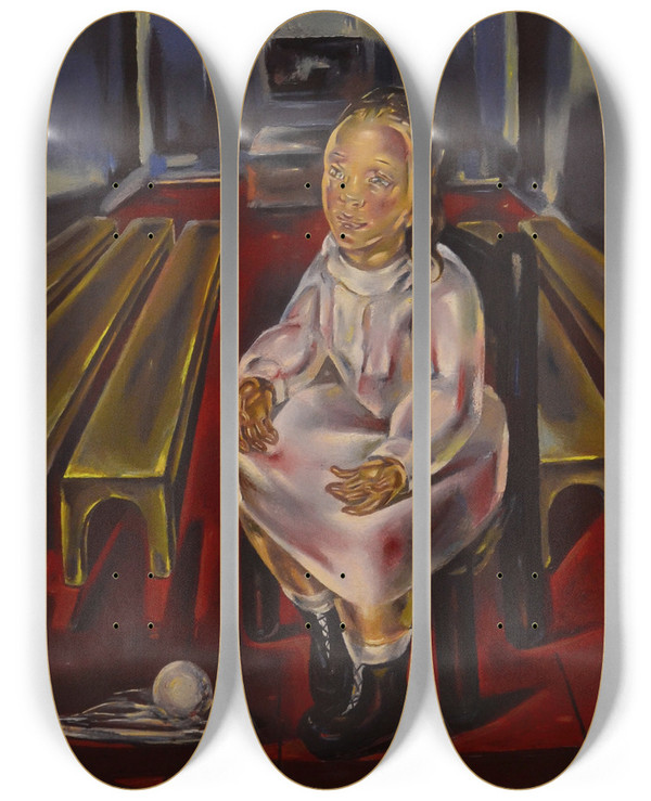 Triptych art skateboard deck of Mara Blanchard Fillette Assise Dans La Salle Aux Bancs by Maria Blanchard (1881-1932)